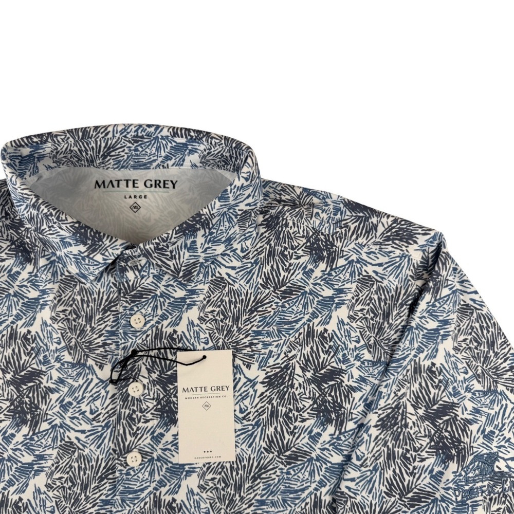 Matte Grey Polo Shirt Mens Large Blue White Pattern Pacific Life Performance NWT